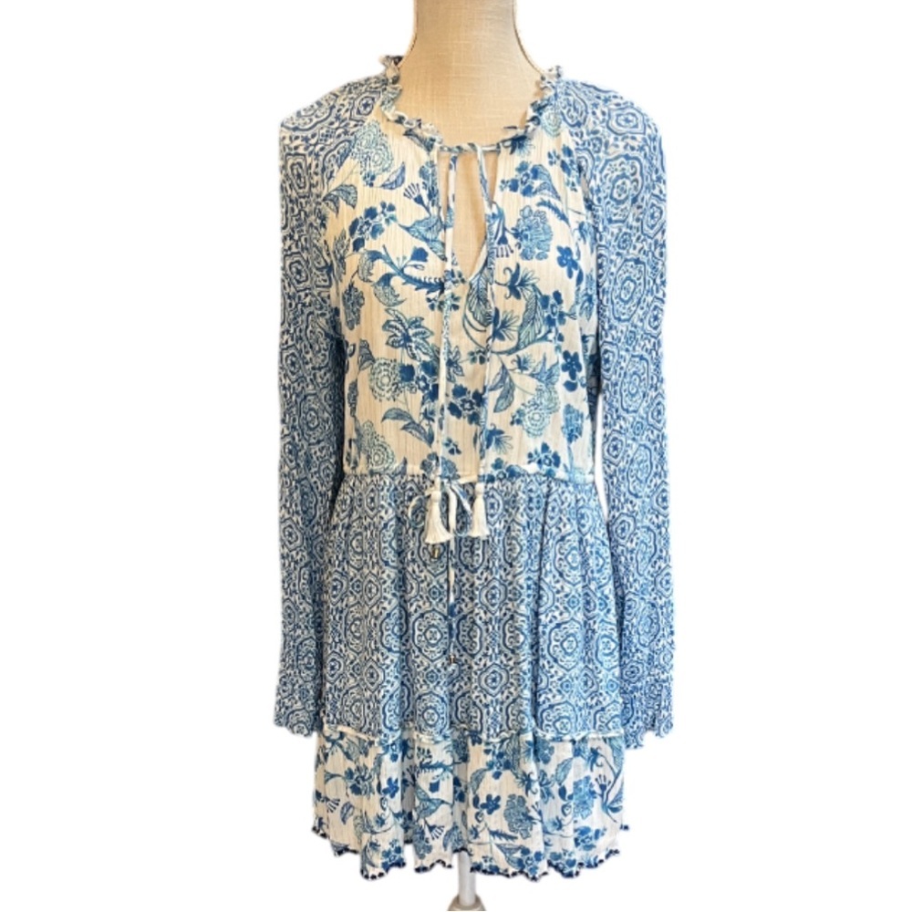 House of Harlow 1960 Blue Boho Floral Tiered Dress with Tassel Ties -Size M